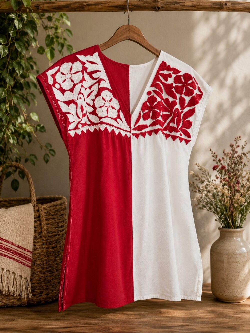 Embroidered V-Neck Colorblock Tunic in Red and White